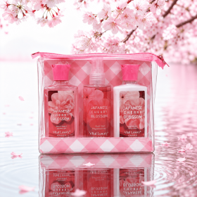 Portable 3pc Body Care Gift Set - Cherry Blossom & Cotton Candy Scents - Hydrating Shower Gel Body Lotion & Fragrance Mist Kit (Scent: Japanese Cherry Blossom)